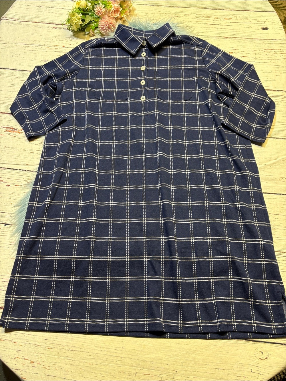 Lands' End Navy Windowpane Polo Dress Shirt sz 1X